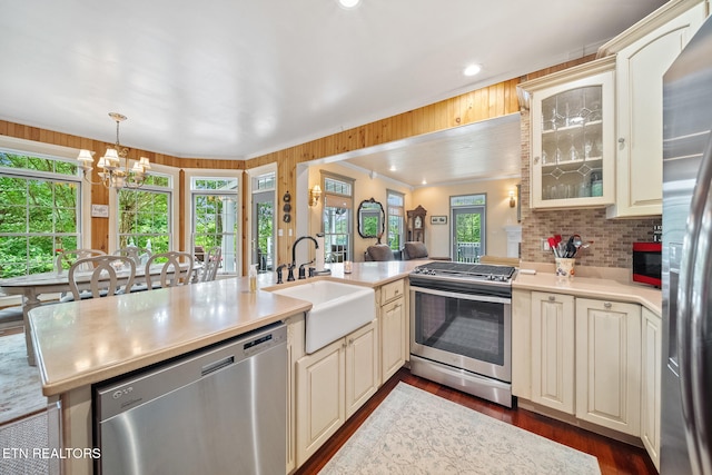 157 Wildcat Hollow Rd, New Tazewell, TN 37825 - kitchen with appliances with stainless steel finishes, a sink, cream cabinetry, light countertops, and dark wood-style flooring