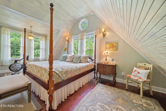 157 Wildcat Hollow Rd, New Tazewell, TN 37825 - bedroom with multiple windows, wooden ceiling, vaulted ceiling, baseboards, and dark wood-style floors