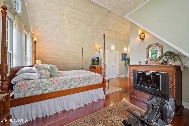 157 Wildcat Hollow Rd, New Tazewell, TN 37825 - bedroom featuring multiple windows, baseboards, wood finished floors, wood ceiling, and high vaulted ceiling