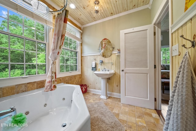 157 Wildcat Hollow Rd, New Tazewell, TN 37825 - full bathroom featuring ornamental molding, a whirlpool tub, stone finish flooring, a wainscoted wall, and wooden ceiling