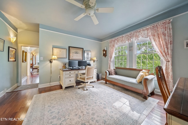 157 Wildcat Hollow Rd, New Tazewell, TN 37825 - office area with a ceiling fan, wood-type flooring, and baseboards