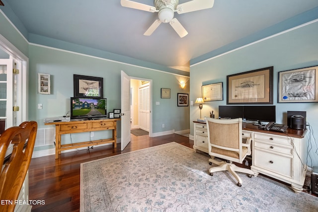 157 Wildcat Hollow Rd, New Tazewell, TN 37825 - office space featuring wood finished floors, ceiling fan, vaulted ceiling, and baseboards