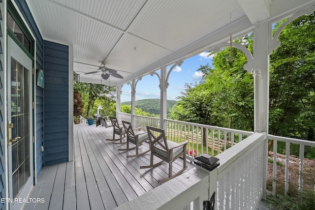157 Wildcat Hollow Rd, New Tazewell, TN 37825 - wooden deck featuring a ceiling fan and a mountain view