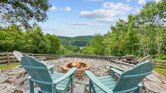 157 Wildcat Hollow Rd, New Tazewell, TN 37825 - view of patio featuring an outdoor fire pit and a wooded view