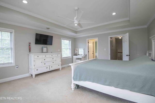 160 Brentwood Pl, Lenoir City, TN 37772 - bedroom with light carpet, a tray ceiling, crown molding, baseboards, and a ceiling fan