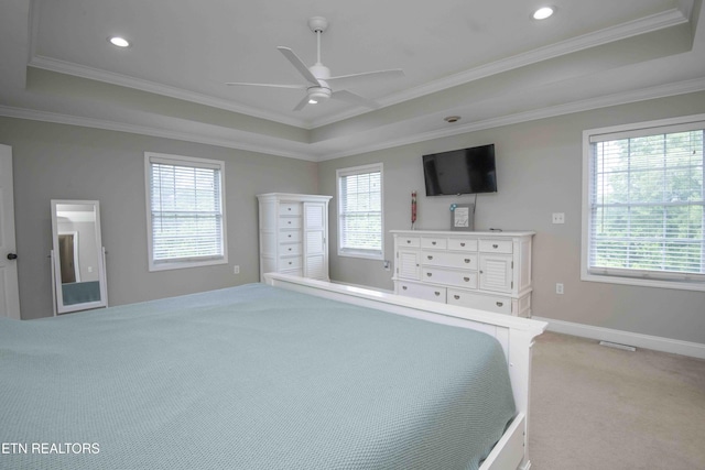 160 Brentwood Pl, Lenoir City, TN 37772 - bedroom with light colored carpet, a raised ceiling, ornamental molding, recessed lighting, and baseboards