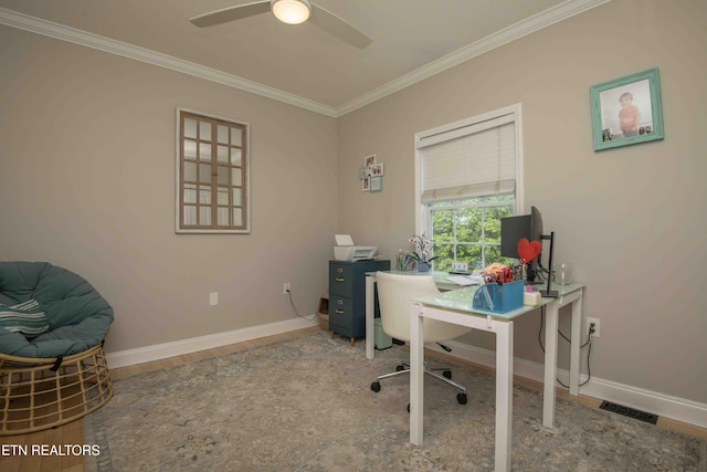 160 Brentwood Pl, Lenoir City, TN 37772 - home office featuring ornamental molding, a ceiling fan, baseboards, and wood finished floors