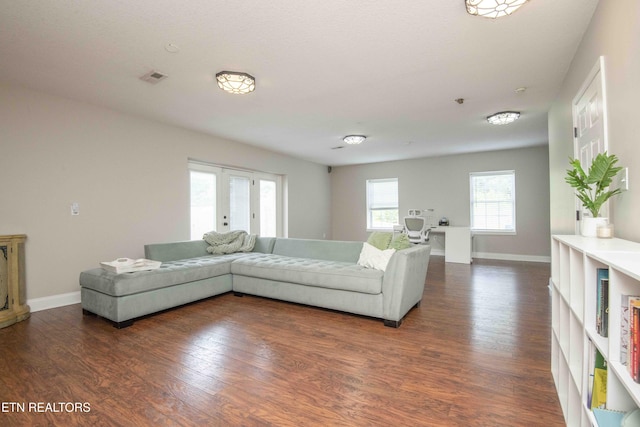 160 Brentwood Pl, Lenoir City, TN 37772 - living room featuring dark wood-style floors, baseboards, and french doors