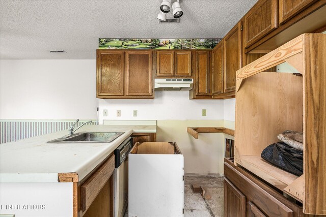 281 Moytoy Rd Unit 204, Crab Orchard, TN 37723 - kitchen featuring under cabinet range hood, a sink, brown cabinetry, a textured ceiling, and dishwasher