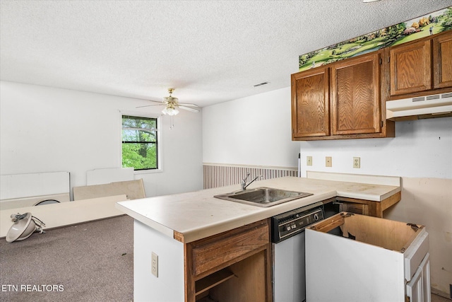281 Moytoy Rd Unit 204, Crab Orchard, TN 37723 - kitchen with under cabinet range hood, dishwashing machine, a sink, a textured ceiling, and brown cabinetry