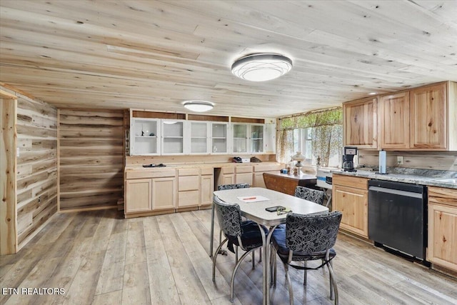 180 Stevenson Branch Rd, Middlesboro, KY 40965 - kitchen with dishwashing machine, light brown cabinetry, wooden ceiling, rustic walls, and open shelves
