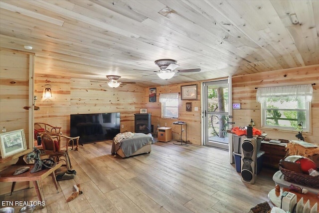 180 Stevenson Branch Rd, Middlesboro, KY 40965 - living area with wood ceiling, light wood-style floors, wood walls, a ceiling fan, and a wood stove