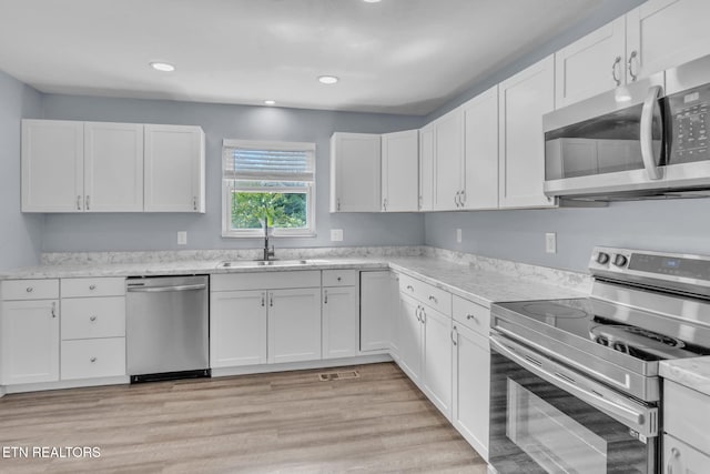 3694 Hickory Valley Rd, Maynardville, TN 37807 - kitchen featuring appliances with stainless steel finishes, a sink, white cabinets, recessed lighting, and light stone countertops