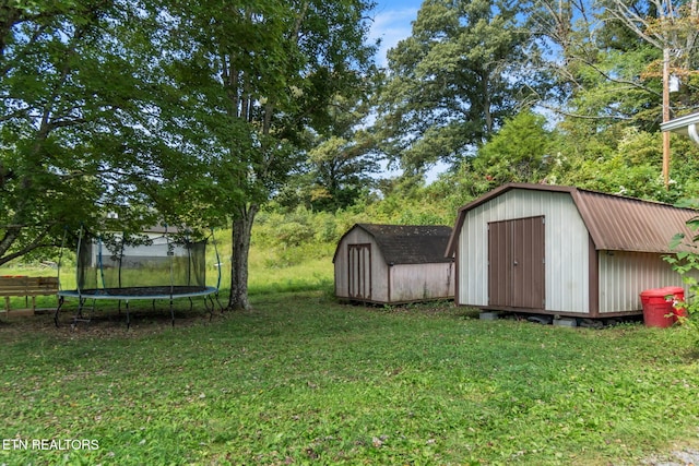 3694 Hickory Valley Rd, Maynardville, TN 37807 - view of grassy yard with a storage unit, a trampoline, and an outdoor structure