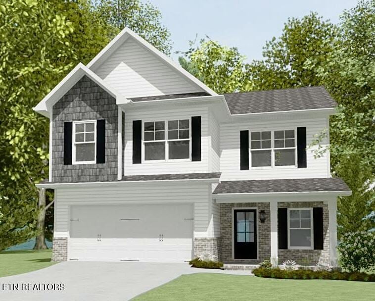 8043 Tree Line Ln, Corryton, TN 37721 - craftsman house featuring concrete driveway, a front lawn, brick siding, and a shingled roof
