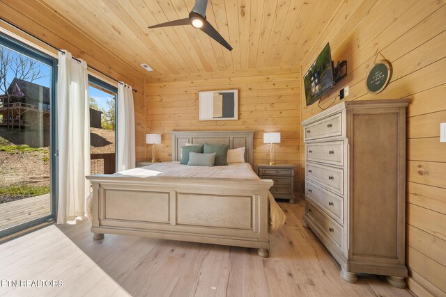 bedroom featuring access to exterior, wooden walls, light wood-style floors, wooden ceiling, and ceiling fan
