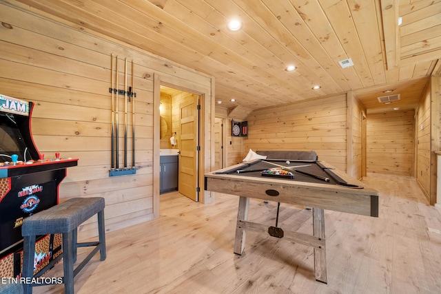 rec room with wood ceiling, wood finished floors, wood walls, recessed lighting, and pool table