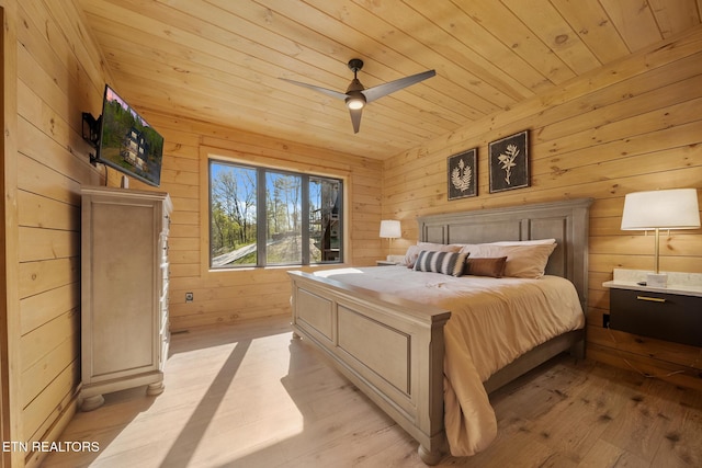 bedroom featuring wood ceiling, light wood-style flooring, wooden walls, and a ceiling fan