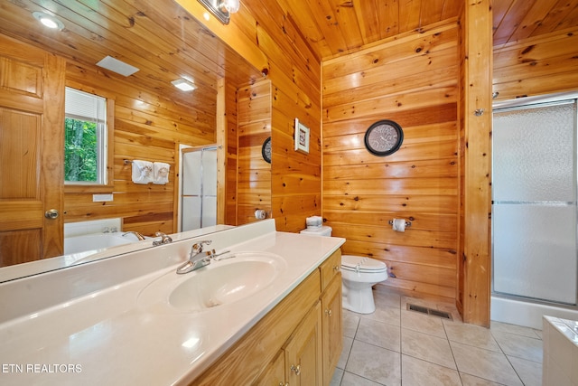 full bath with a stall shower, tile patterned flooring, wooden walls, vanity, and wooden ceiling