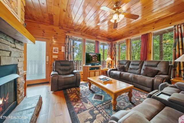 living area with a fireplace, ceiling fan, hardwood / wood-style floors, wood ceiling, and wooden walls