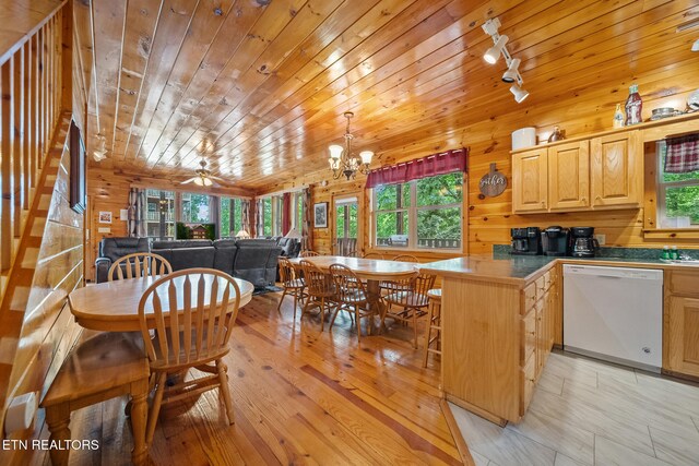 kitchen featuring white dishwasher, healthy amount of natural light, a peninsula, wood ceiling, and rail lighting