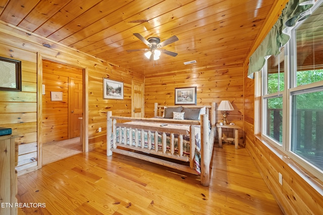 bedroom featuring wood finished floors, wooden walls, and wooden ceiling