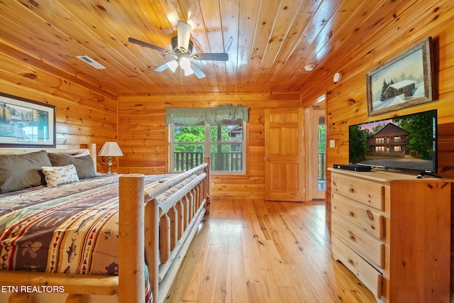 bedroom featuring wood walls, light wood-style floors, and wood ceiling