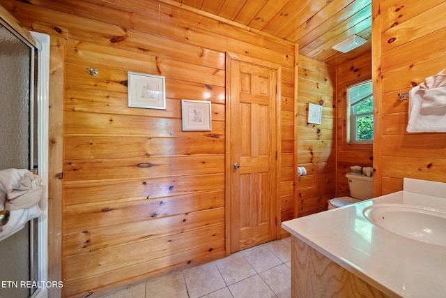 bathroom with wood walls, tile patterned floors, wooden ceiling, vanity, and an enclosed shower