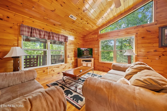 living room with vaulted ceiling, wood walls, wood finished floors, and wood ceiling