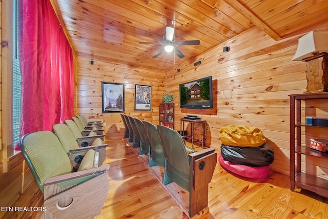 cinema room with a ceiling fan, wooden walls, wood finished floors, and wood ceiling