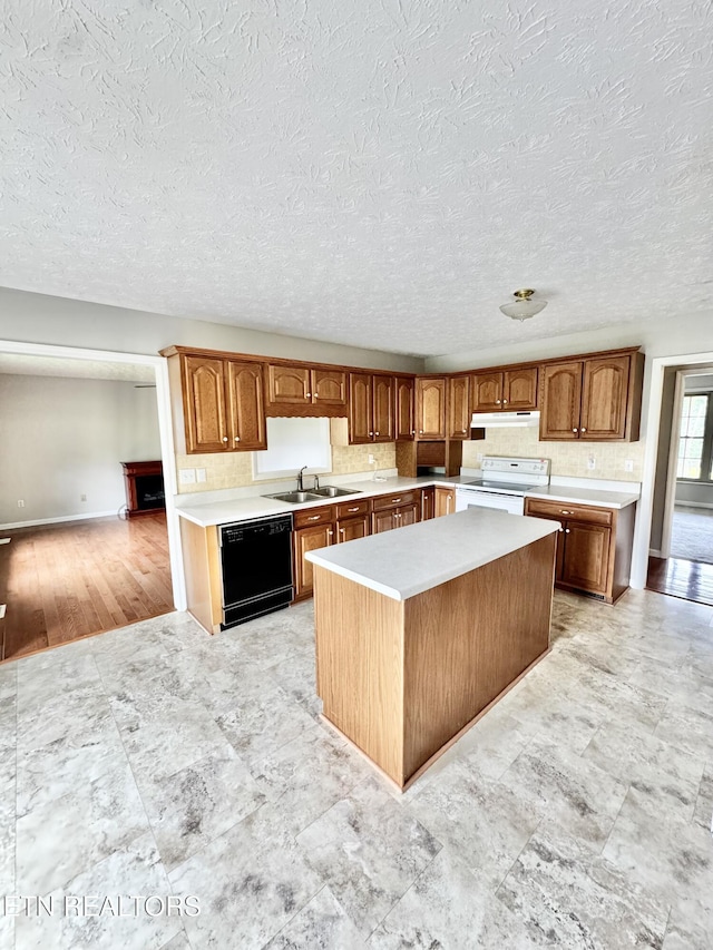 200 Harmon Cir, New Tazewell, TN 37825 - kitchen with black dishwasher, white electric range, a sink, under cabinet range hood, and a kitchen island