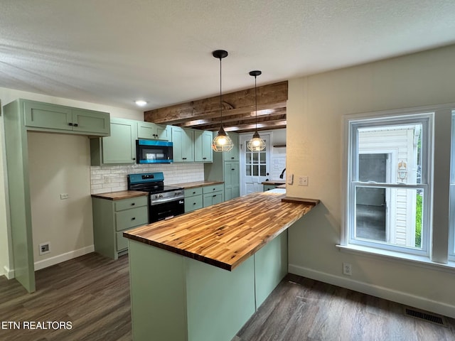4540 S York Hwy, Jamestown, TN 38556 - kitchen with wood counters, electric range, green cabinetry, baseboards, and dark wood-style flooring