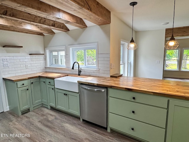 4540 S York Hwy, Jamestown, TN 38556 - kitchen with green cabinets, wood counters, and beamed ceiling