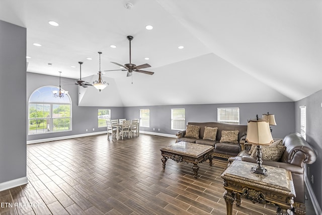 117 Mayview Dr, Powell, TN 37849 - living area featuring vaulted ceiling, recessed lighting, baseboards, a ceiling fan, and dark wood finished floors