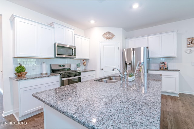 548 Cliff St, Morristown, TN 37814 - kitchen featuring stainless steel appliances, a sink, wood finished floors, white cabinets, and tasteful backsplash