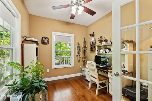 221 Stony Rock Ln, Jacksboro, TN 37757 - office space featuring dark wood-style flooring, baseboards, and a ceiling fan