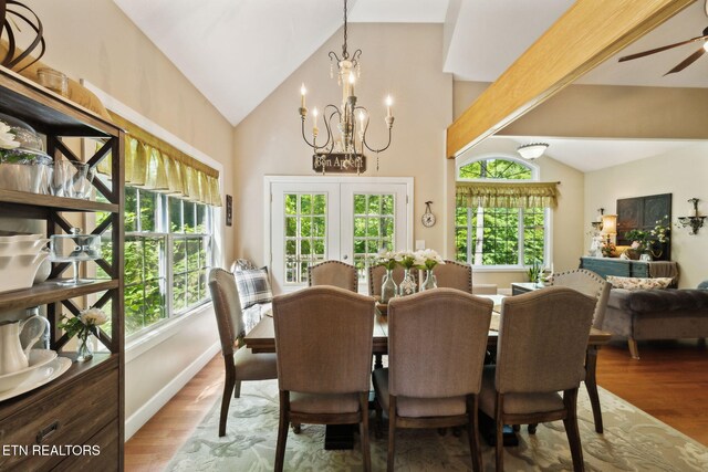 221 Stony Rock Ln, Jacksboro, TN 37757 - dining space with a chandelier, wood finished floors, ceiling fan, high vaulted ceiling, and french doors