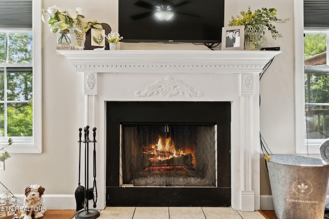 221 Stony Rock Ln, Jacksboro, TN 37757 - detailed view of a fireplace with flush hearth, baseboards, and ceiling fan
