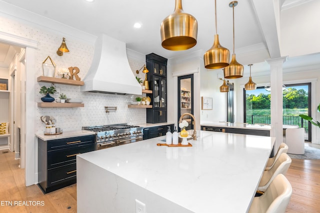 8539 N Ruggles Ferry Pike, Strawberry Plains, TN 37871 - kitchen with custom exhaust hood, a sink, range with two ovens, dark cabinetry, and open shelves