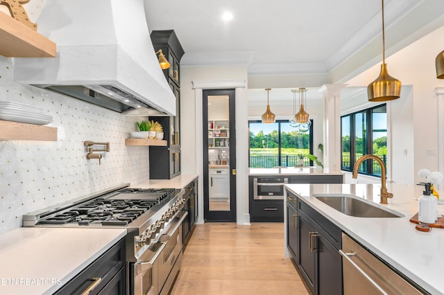 8539 N Ruggles Ferry Pike, Strawberry Plains, TN 37871 - kitchen featuring stainless steel appliances, custom range hood, a sink, open shelves, and light wood finished floors