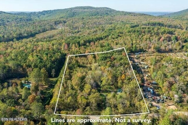 12863 Summer City Rd, Spring City, TN 37381 - aerial view of property and surrounding area with a forest, property parcel outlined, and a mountainous background