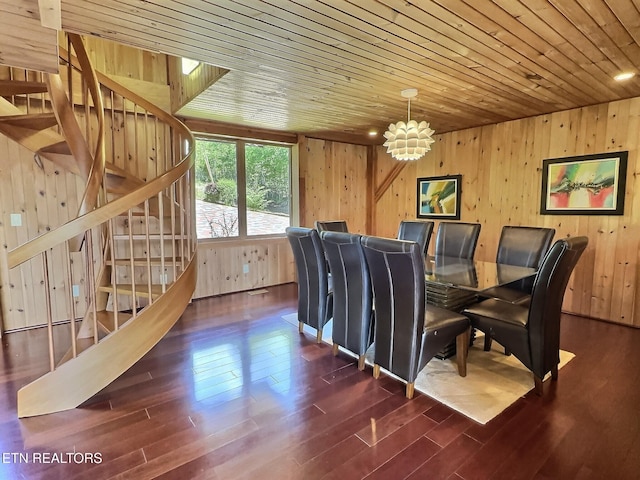 189 Bridle Way, Speedwell, TN 37870 - dining area featuring wooden walls, dark wood-style flooring, a chandelier, stairway, and wood ceiling