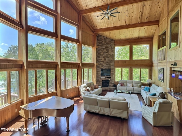 189 Bridle Way, Speedwell, TN 37870 - living room featuring high vaulted ceiling, wood walls, healthy amount of natural light, wood ceiling, and beam ceiling