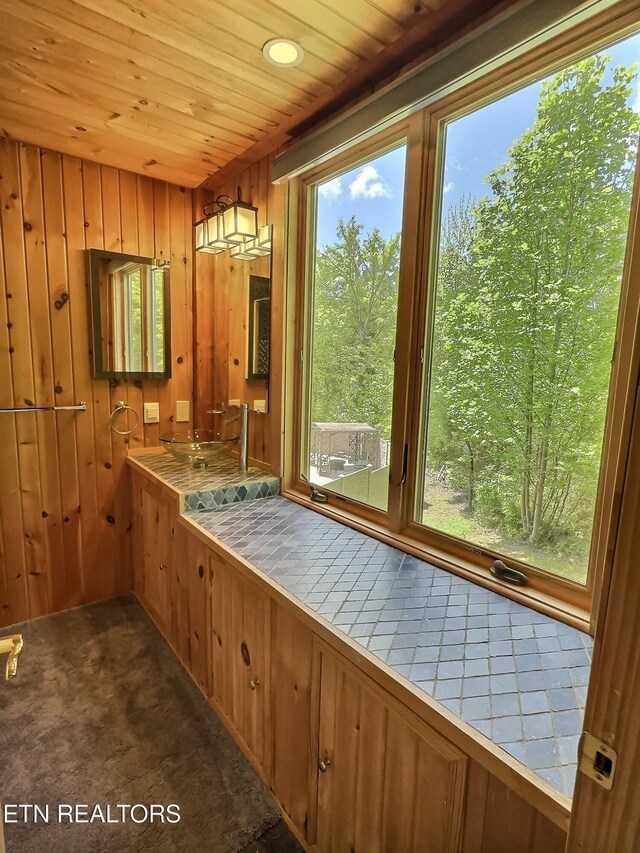 189 Bridle Way, Speedwell, TN 37870 - bathroom featuring wooden ceiling, wood walls, and recessed lighting