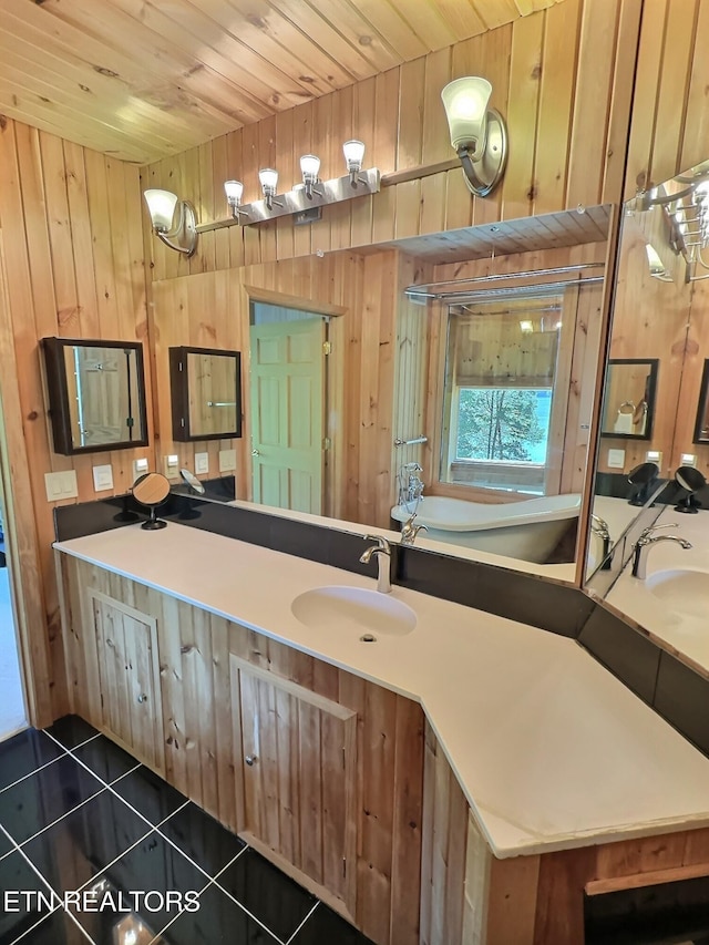 189 Bridle Way, Speedwell, TN 37870 - full bathroom featuring tile patterned floors, wooden walls, wood ceiling, and vanity