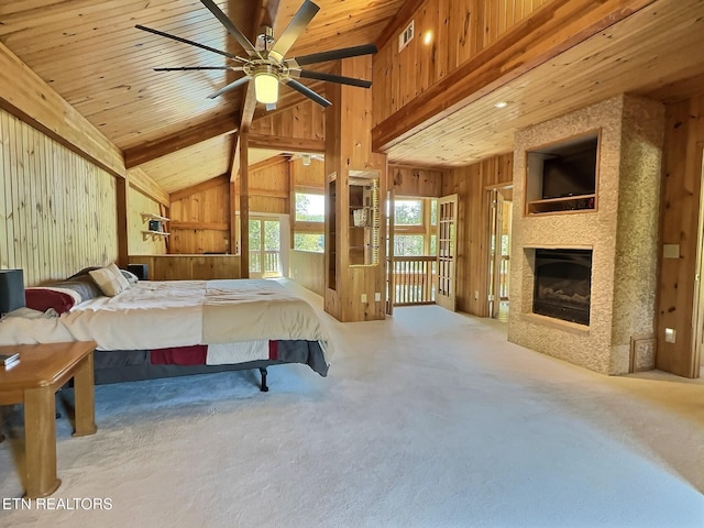 189 Bridle Way, Speedwell, TN 37870 - carpeted bedroom with wooden walls, a fireplace, and wood ceiling
