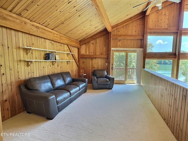 189 Bridle Way, Speedwell, TN 37870 - living area featuring wooden walls, carpet flooring, ceiling fan, and wooden ceiling