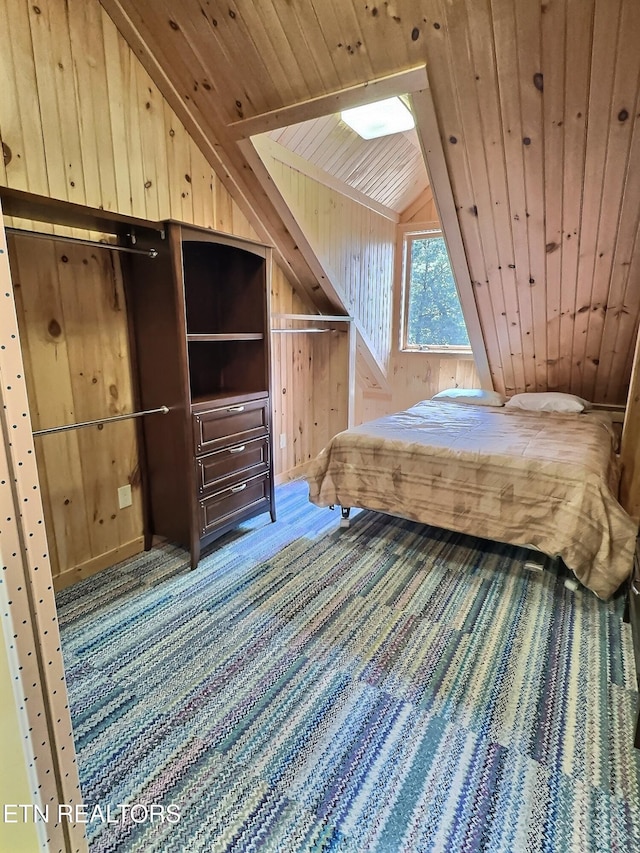 189 Bridle Way, Speedwell, TN 37870 - carpeted bedroom featuring wood walls, vaulted ceiling, and wooden ceiling