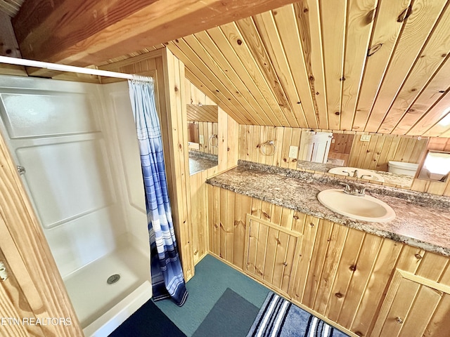 189 Bridle Way, Speedwell, TN 37870 - bathroom featuring wooden walls, a stall shower, wood ceiling, and vanity