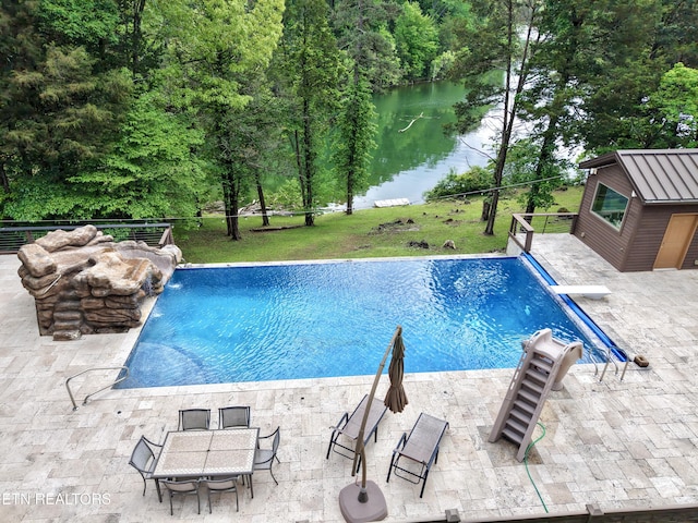 189 Bridle Way, Speedwell, TN 37870 - swimming pool with a water view, a patio, a diving board, and view of scattered trees